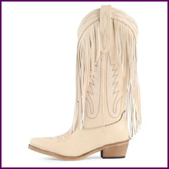Mid Calf Cowboy Boots Women's Synthetic Leather Chunky Heel Pointed Toe